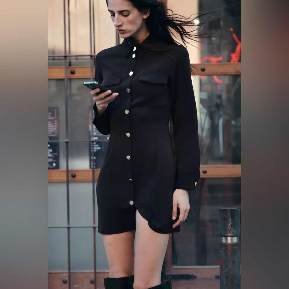 Zara Black and Gold Long Sleeve Shirt Dress